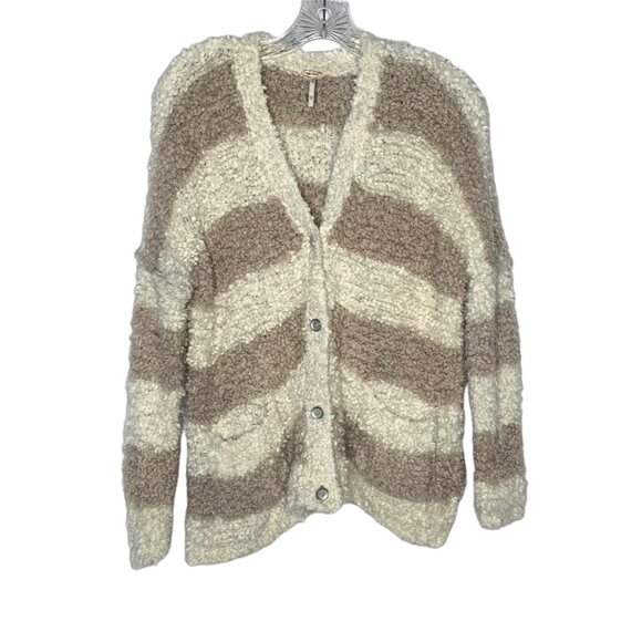 FREE PEOPLE Gray + Cream Stripe Popcorn Knit Ultra-Soft Cardigan Sweater Size XS - Picture 3 of 9